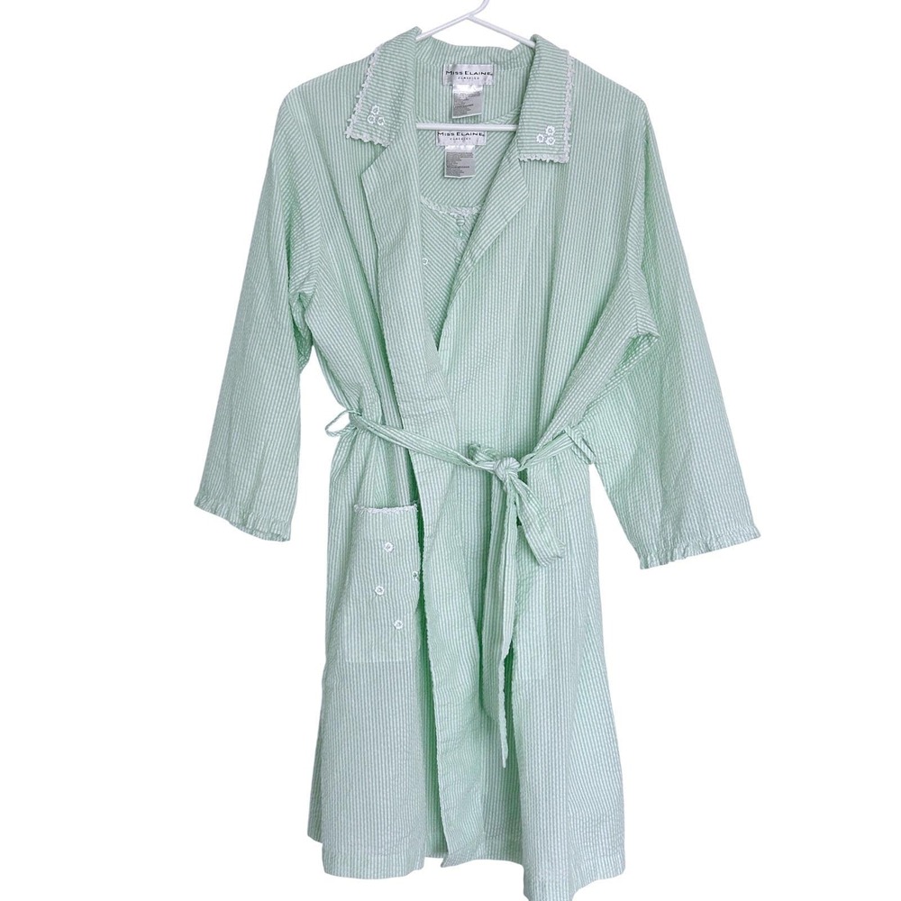 Vintage Miss Elaine Nightgown Robe Set L Green Seersucker Stripe Cottagecore